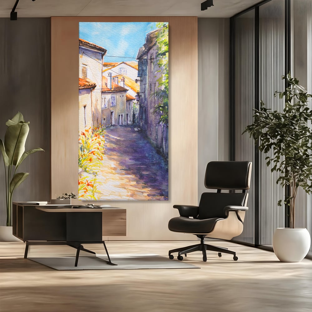 Tablou canvas cu pictura acuarela straduta insorita, fara rama, pe sasiu de lemn, pe perete intr-un birou